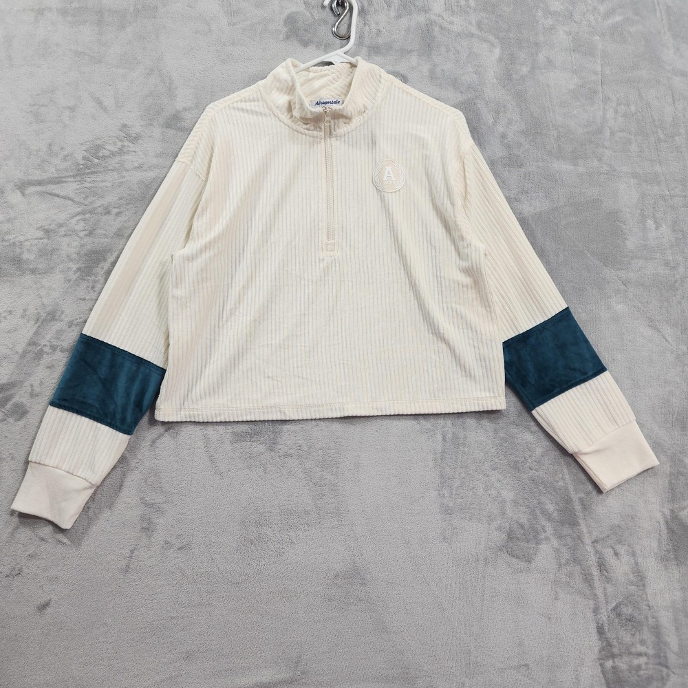 Aeropostale Lounge Top Womens L White Velour Colorblock 1/2 Zip Mock Neck Crop